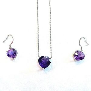 New JTV Checkerboard African Amethyst Sterling Silver Heart Necklace & Earrings